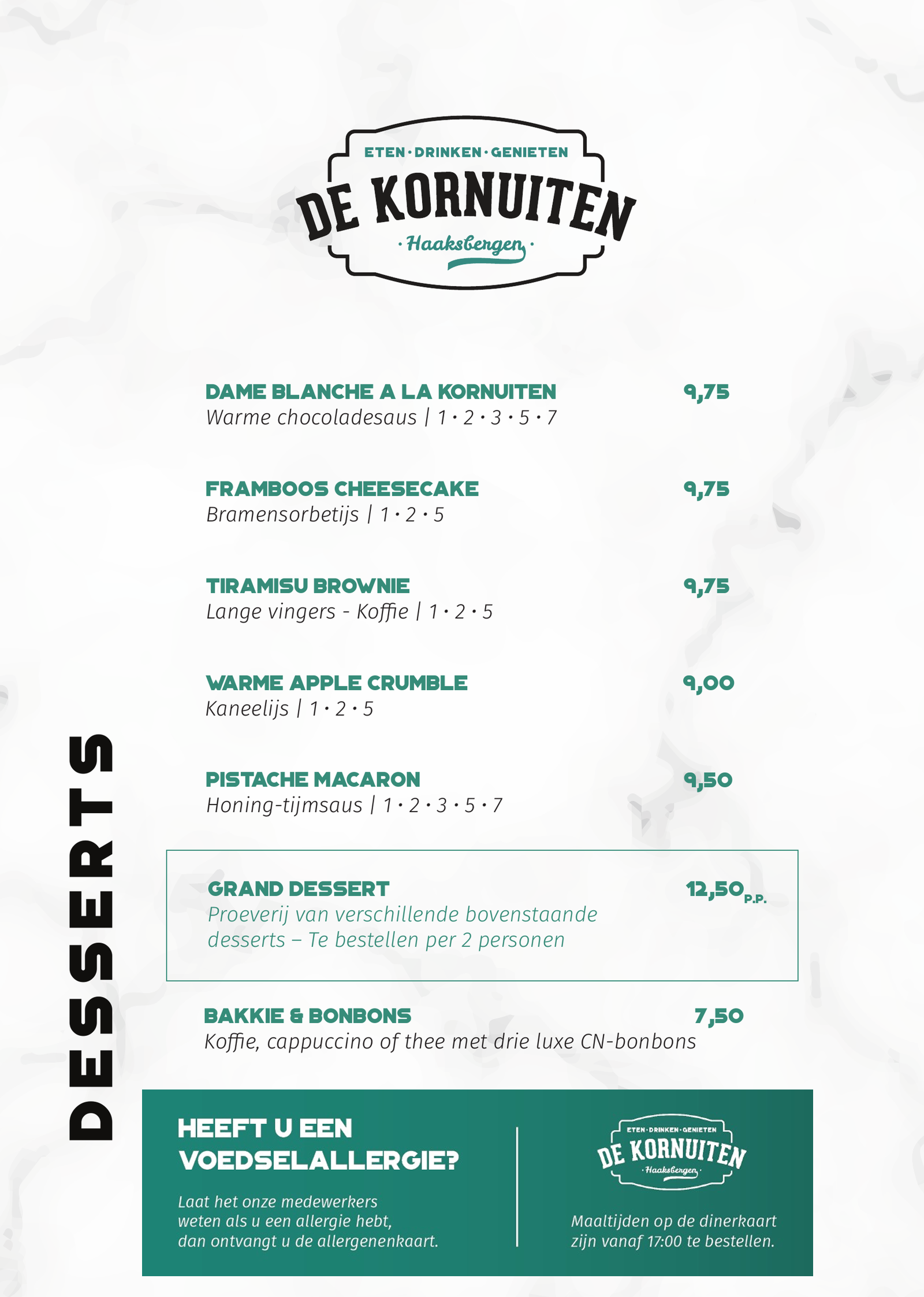 Menukaart Dessert — uit eten in Haaksbergen bij De Kornuiten