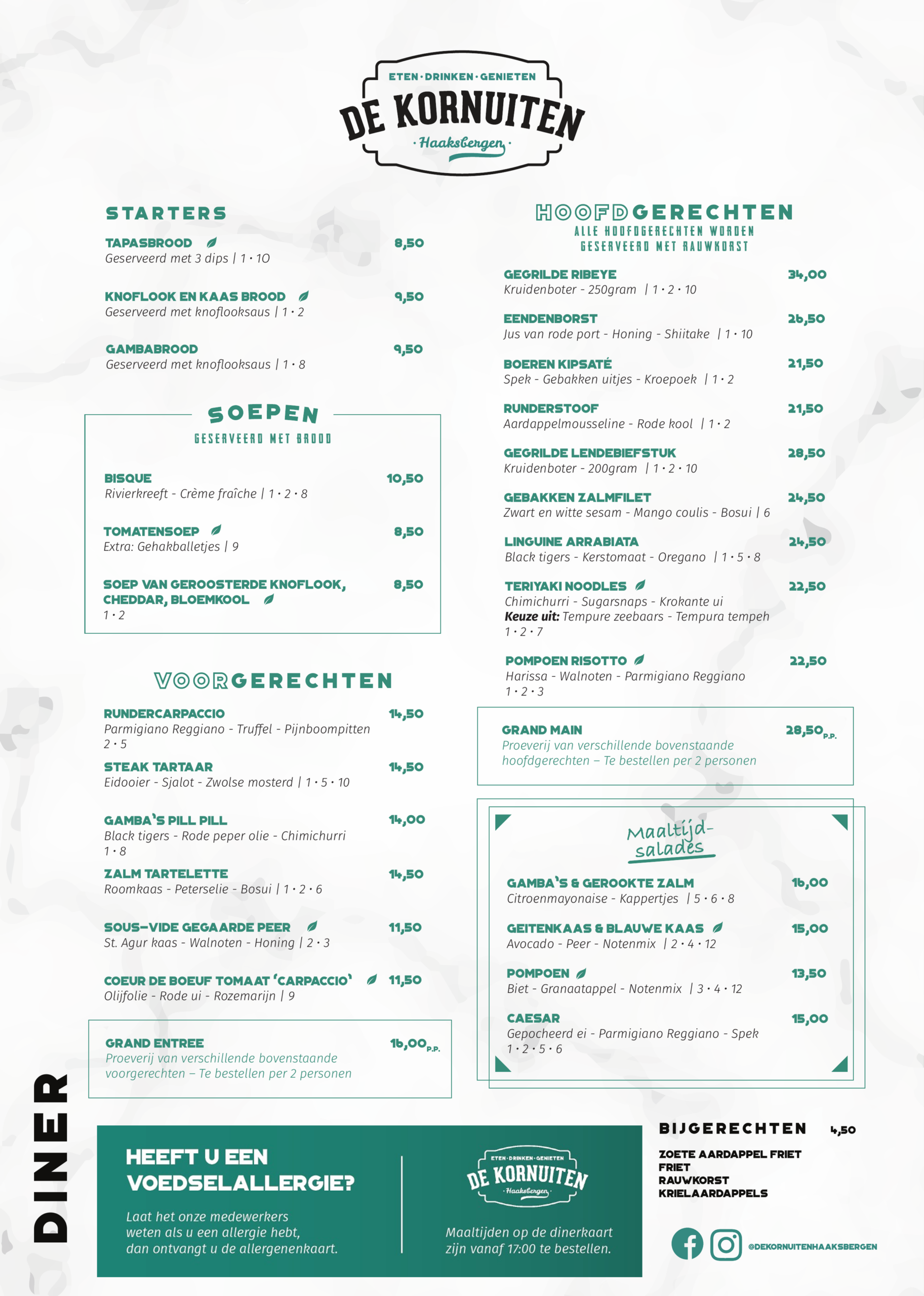 Menukaart Diner — uit eten in Haaksbergen bij De Kornuiten