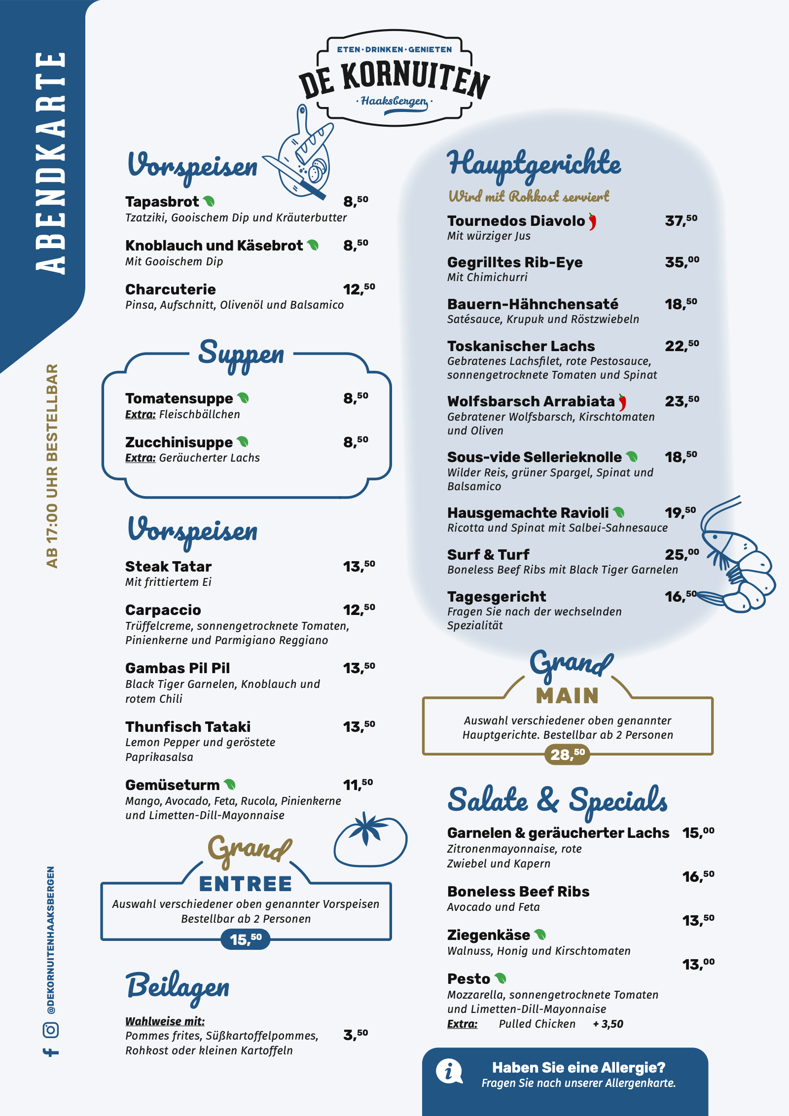 Abendkarte von De Kornuiten auf Deutsch
