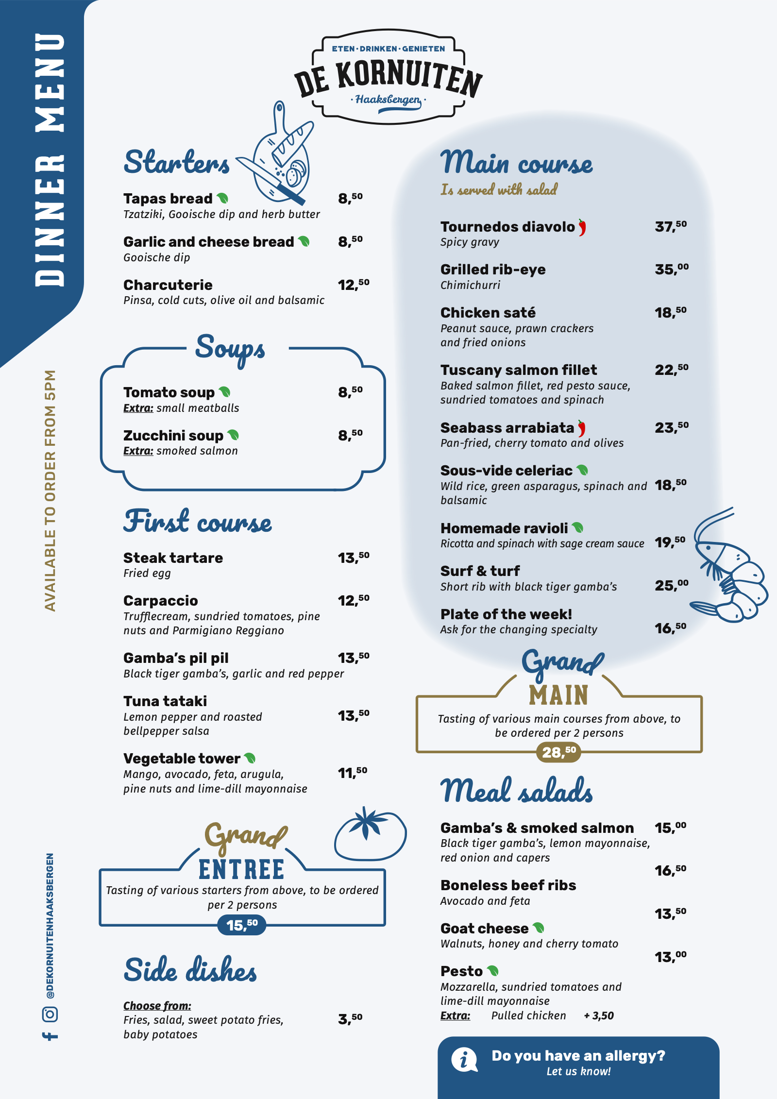 Dinner menu of De Kornuiten in English