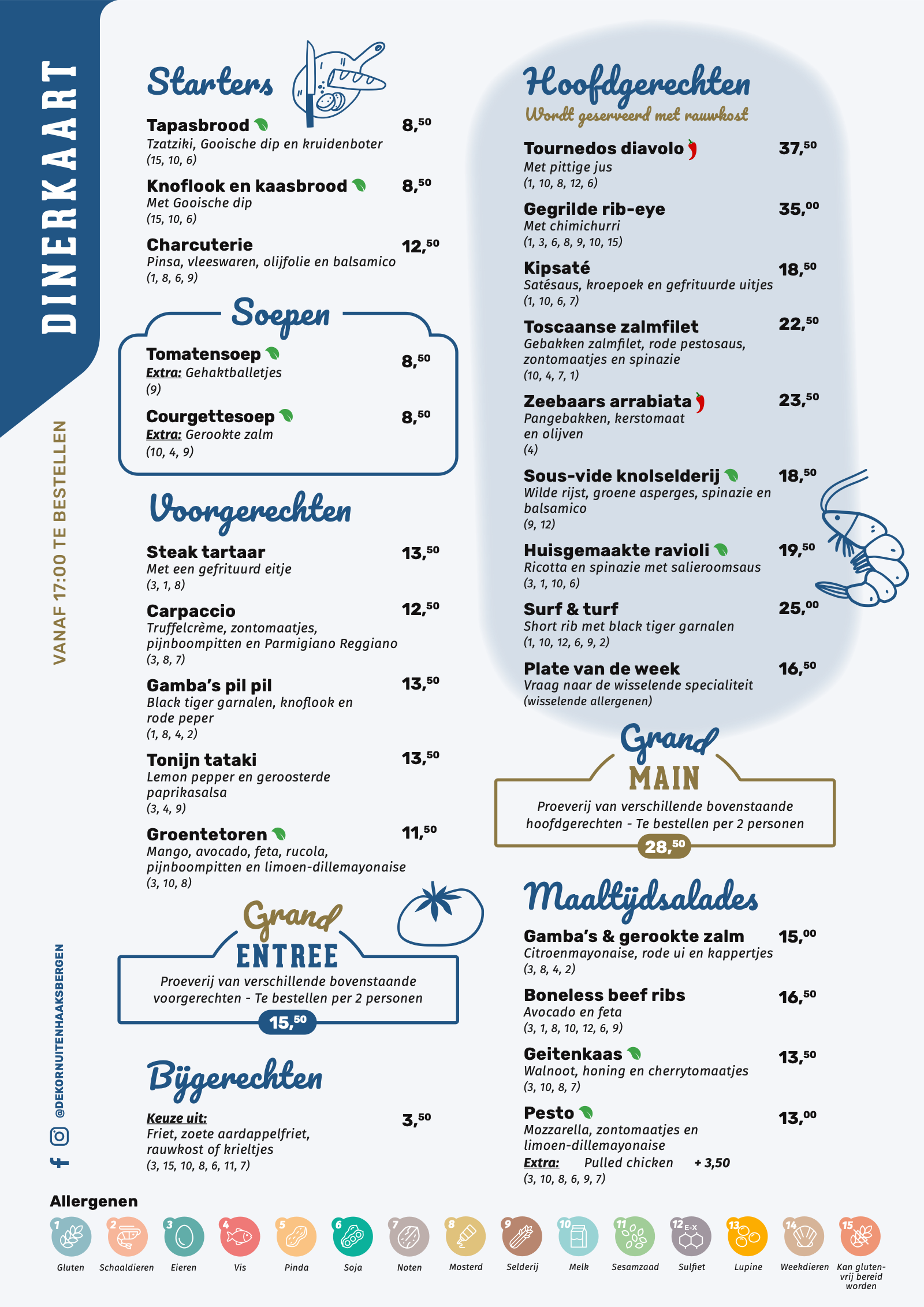 Dinerkaart van De Kornuiten met allergenen